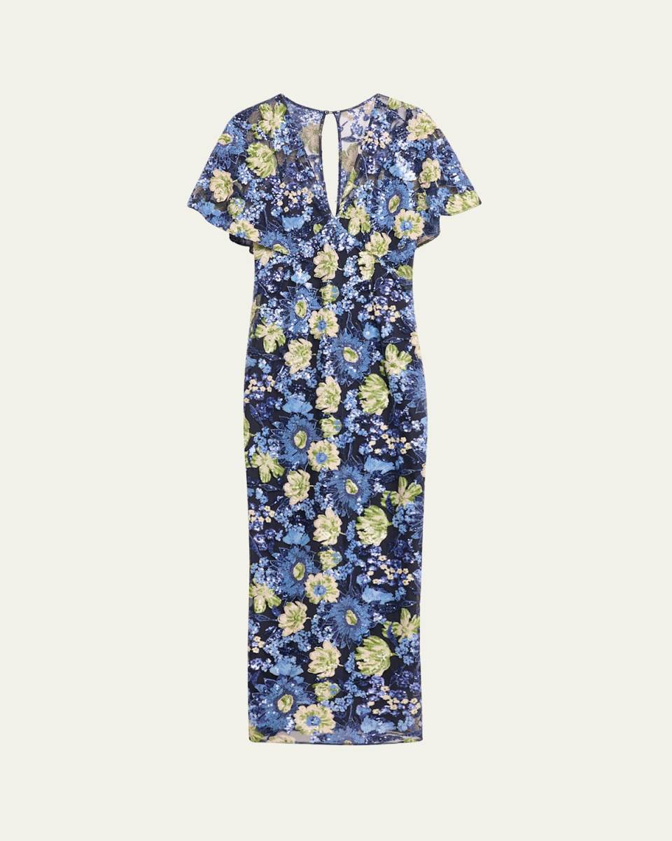 V-Neck Flower Sequin Cape-Sleeve Column Maxi Dress